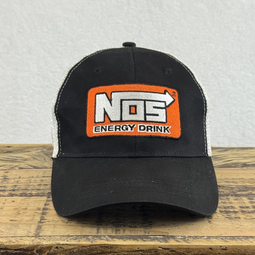 NOS Energy‎ Drink Hat Cap Strap Back Mens Black White Trucker Mesh Baseball